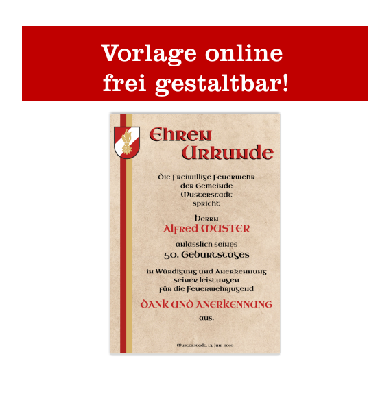 Ehrenurkunde, Feuerwehrurkunde, Urkunde für Feuerwehr, Jubiläumsurkunde
