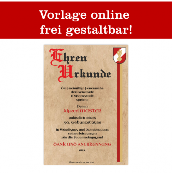 Ehrenurkunde, Feuerwehrurkunde, Urkunde für Feuerwehr, Jubiläumsurkunde