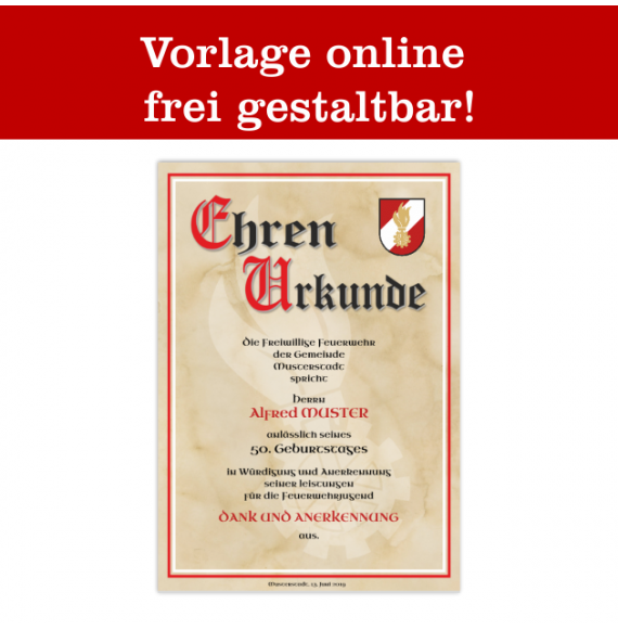 Ehrenurkunde, Feuerwehrurkunde, Urkunde für Feuerwehr, Jubiläumsurkunde