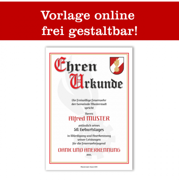 Ehrenurkunde, Feuerwehrurkunde, Urkunde für Feuerwehr, Jubiläumsurkunde