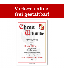 Ehrenurkunde, Feuerwehrurkunde, Urkunde für Feuerwehr, Jubiläumsurkunde